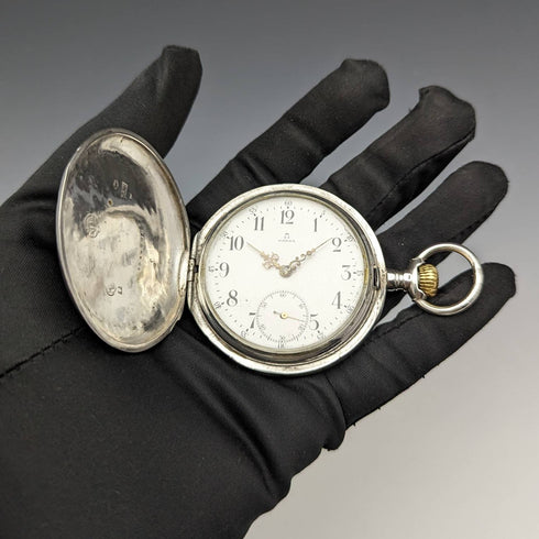 1900年頃 アンティーク オメガ 懐中時計 銀側ハンターケース 動作良好